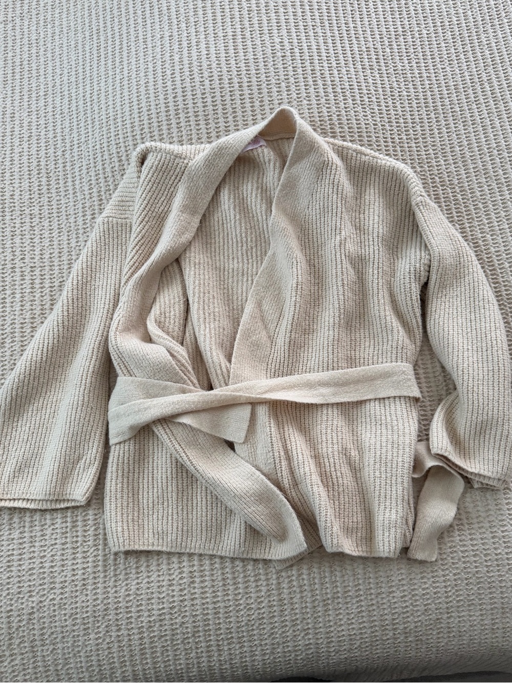 Pink Lily Neutral Cream Ribbed Wrap Cardigan